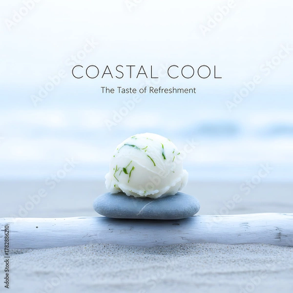 Fototapeta Single Scoop of Refreshing Lime Sorbet on Beach Pebble and Driftwood