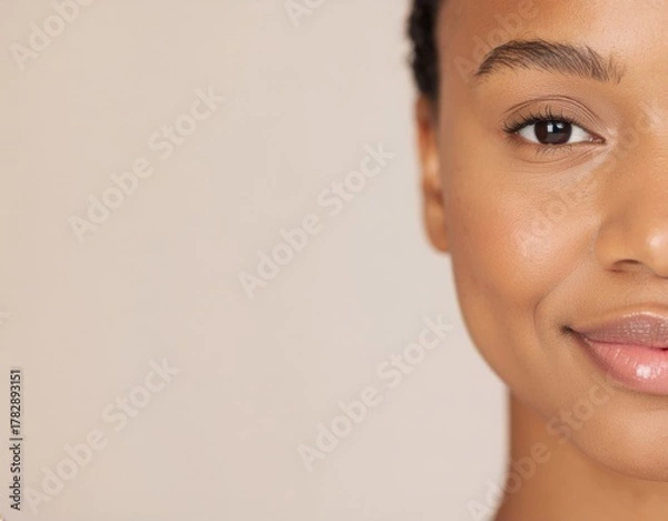 Obraz Close-up of young woman with smooth healthy skin smiling, looking at camera against beige background. Concept of skincare, beauty, and wellness. Hafl face portrait. Copy space