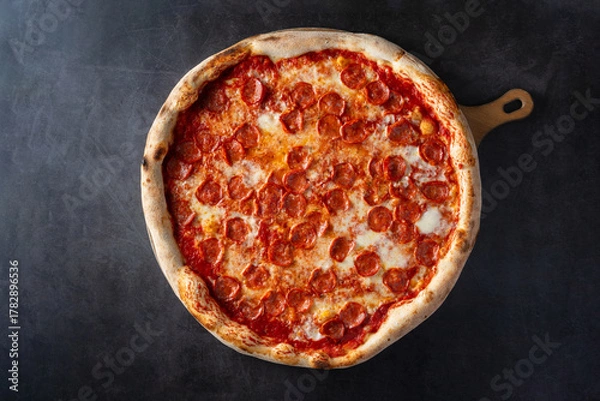 Fototapeta Top view of a large pizza with spicy salami on a wooden cutting board against a dark background