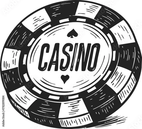 Fototapeta Casino chip sketch, hand drawn vector with bold text and decorative details — stock vector