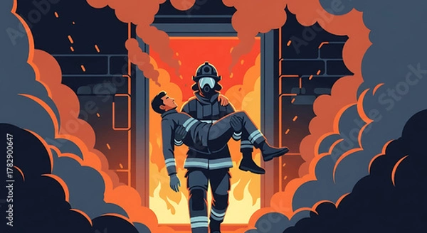 Obraz Brave Firefighter Rescuing Person From Burning Building Vector Illustration