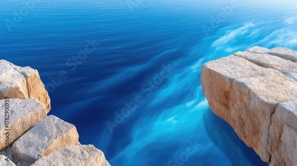 Fototapeta Rugged Rocky Outcrop Meets Expansive Azure Ocean Under Bright Sunlight Casting Shadows on Textured Stone Surfaces