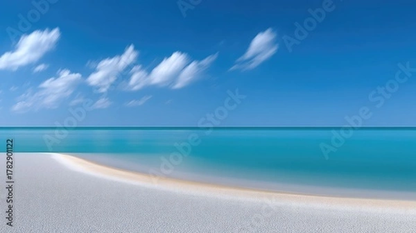 Fototapeta Serene Tropical Shoreline With White Sand And Turquoise Ocean Under A Clear Blue Sky With Wispy Clouds Minimalist Landscape