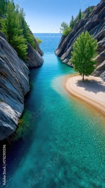 Fototapeta Turquoise Bay Nestled Between Rugged Rocky Outcrops with Lush Green Trees and Clear Blue Water Under a Sunny Sky