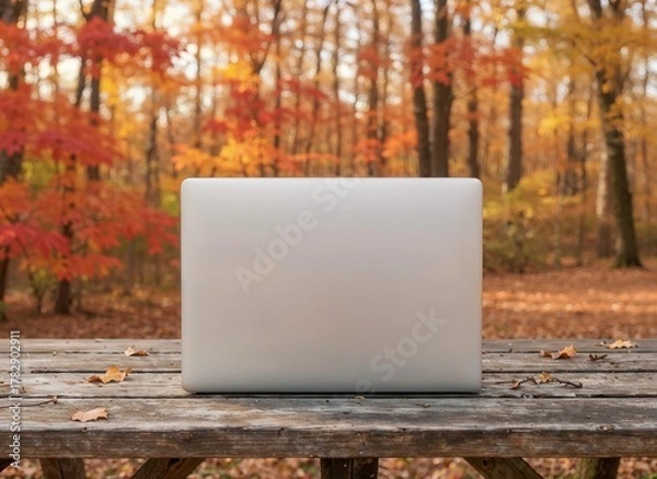 Fototapeta Laptop mockup for remote work against a beautiful autumn forest background [with copy space]