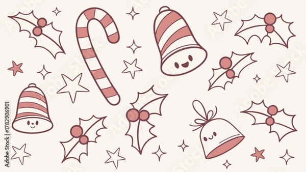 Obraz Christmas holiday vector pattern with candy cane bells holly and stars festive season design element vector