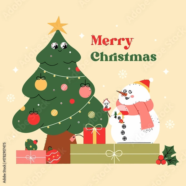 Fototapeta Cute Merry Christmas illustration with a smiling snowman, decorated tree, and colorful gifts. Perfect for holiday greeting cards, winter designs, and festive backgrounds.