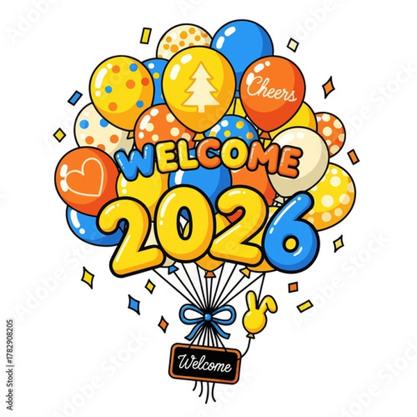 Fototapeta Colorful balloon cluster with “Welcome 2026” text, symbolizing new year celebration, joy, and fresh beginnings. Perfect for festive greeting cards, party invitations, and seasonal holiday designs.