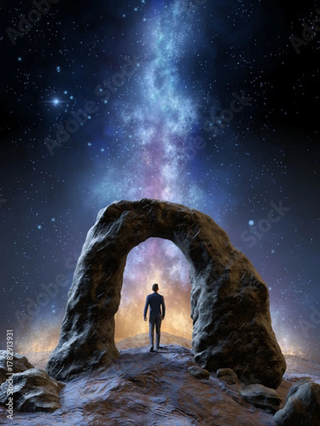 Obraz Man standing under a rocky arch formation