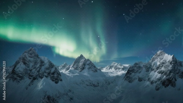 Fototapeta Aurora Borealis over snowy mountains, a breathtaking winter landscape.