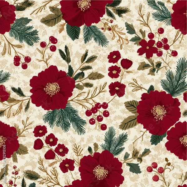 Fototapeta Minimal Red Camellia and Pine Holiday Pattern