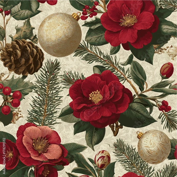 Fototapeta Christmas Camellia Pattern with Pine Cones and Ornaments