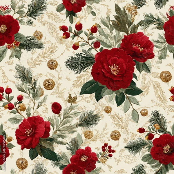 Fototapeta Luxury Christmas Camellia Pattern with Golden Ornaments