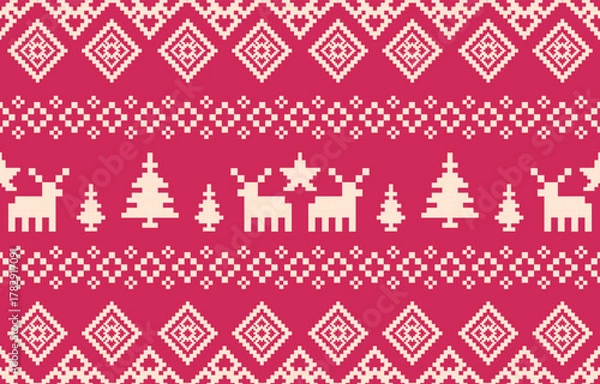 Fototapeta Christmas and New Year green and white seamless pattern, fairytale pixel pattern in white and green with Nordic snowflakes for winter hats, ugly sweaters, jumpers. wallpaper, paper or other design