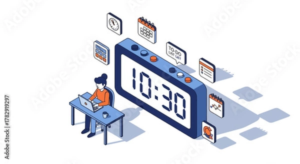 Obraz Digital Clock and Planner with Person Working on Laptop Isometric View