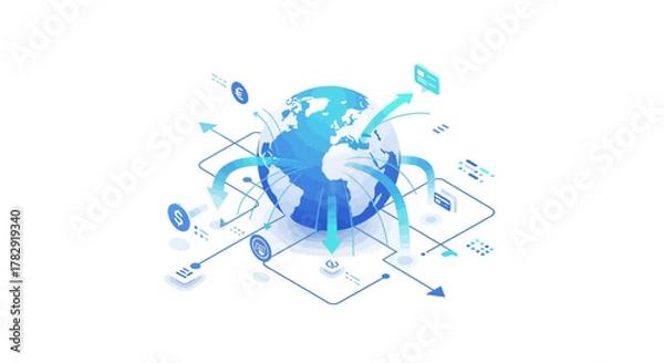 Obraz Global Financial Transactions Depicted with Arrows and Currency Symbols