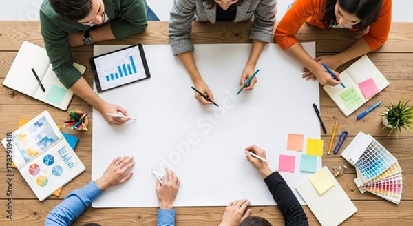 Obraz Collaborative Business Meeting and Brainstorming Session Around a Large White Paper	