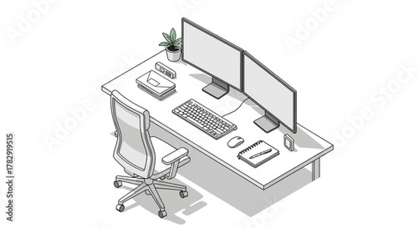 Obraz Isometric View of a Modern Office Desk with Dual Monitors