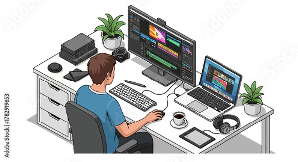 Obraz Video Editor at Work with Dual Screens and Coffee Cup