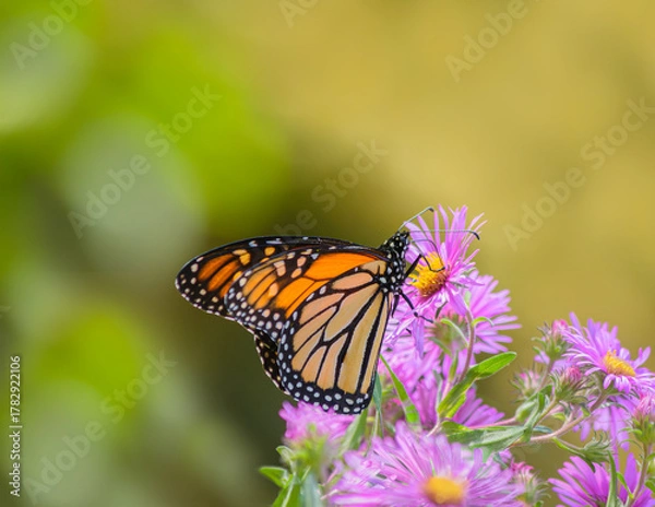 Fototapeta An orange Monarch butterfly, Danaus plexippus, feeding on purple New England asters with green and yellow open space background

