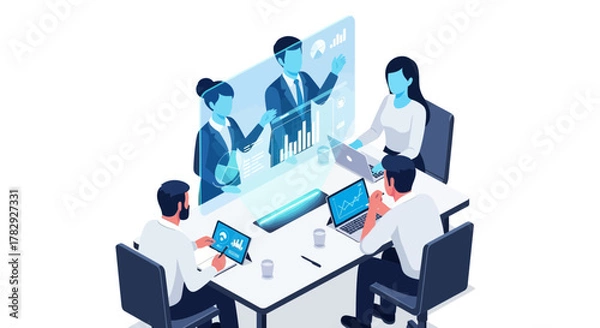 Obraz Modern Business Team Collaborating with Holographic Presentation and Data Analysis