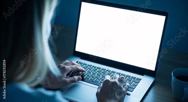 Obraz Young woman working late on her laptop in a dimly lit room with a cup of coffee	