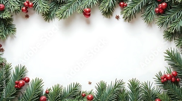 Fototapeta Christmas Holiday Frame Border with Fir Branches, Red Berries  White Copy Space