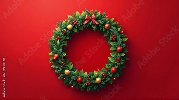 Fototapeta Classic Christmas Wreath on Vibrant Red Background with Copy Space  Festive Holiday Decoration