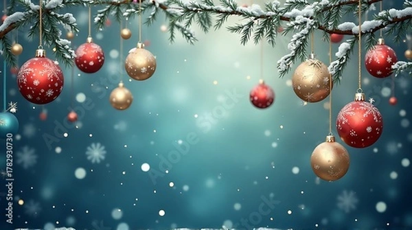 Fototapeta Elegant Christmas Holiday Background with Red  Gold Ornaments, Snowy Pine Branches, and Festive Bokeh