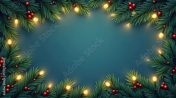 Fototapeta Christmas Holiday Frame with Pine Branches, String Lights  Red Berries on Dark Blue Background