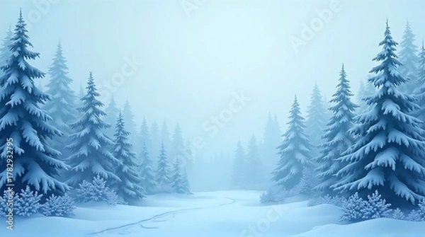 Fototapeta Serene Winter Forest Landscape with Snowy Pine Trees and Misty Path  Tranquil Blue Nature Background