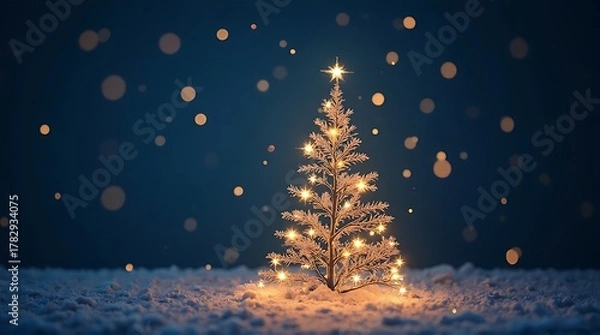 Fototapeta Magical Christmas Tree in Snowy Winter Night with Glowing Lights and Bokeh Background