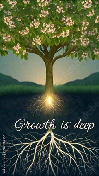 Fototapeta Symbolic tree with glowing roots showing deep growth in nature