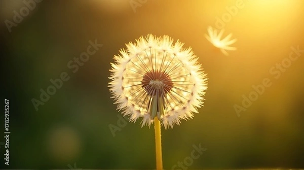 Fototapeta Dandelion Seed Head Blowing Seeds in Golden Sunlight, Backlit Nature's Wish and Hope