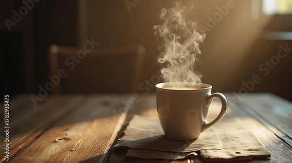 Fototapeta Cozy Steaming Coffee Mug on Rustic Wooden Table in Warm Sunlight