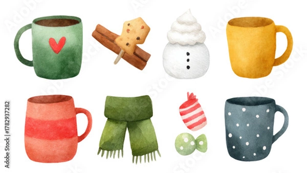 Fototapeta Colorful Collection of Artistic Cups and Holiday Objects on Transparent Background