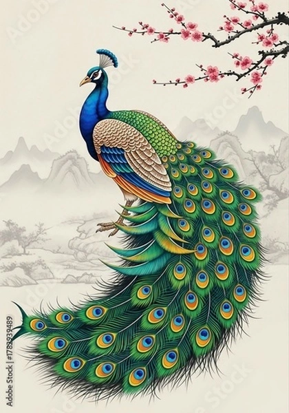 Obraz Beautiful of Cute Artistic Peacock with Rich Colors and Cherry Blossoms
