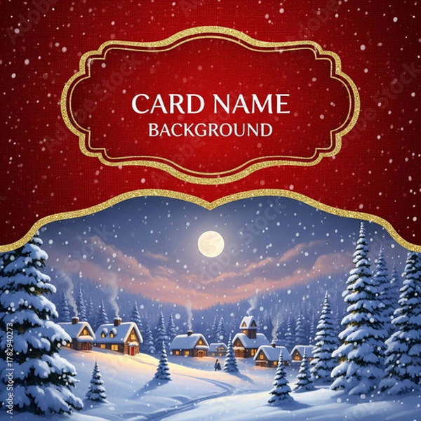 Fototapeta Festive Christmas card design with a snowy winter village scene at night under a full moon.