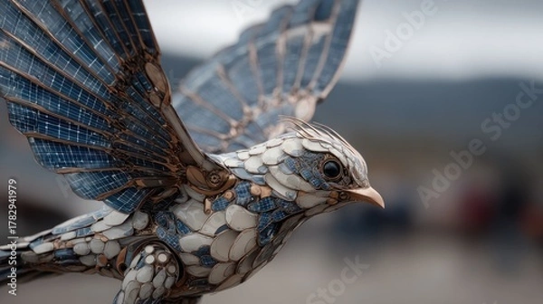 Fototapeta Close-up of ornate bird sculpture with mechanical wings, blurred background
