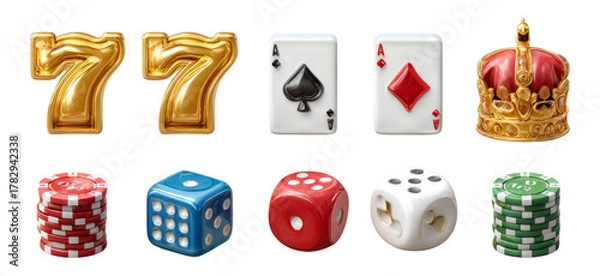 Fototapeta Golden Sevens and Playing Cards with Dice and Chips on Transparent Background
