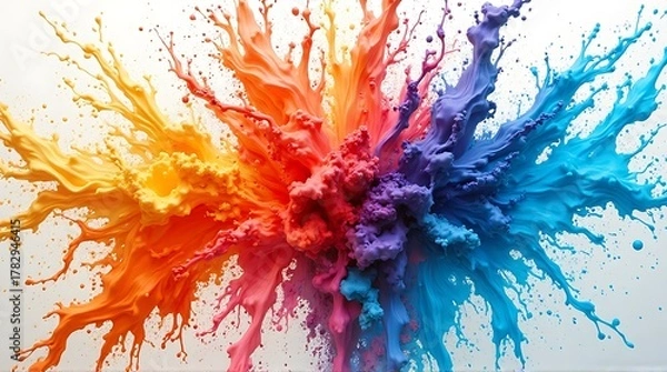 Fototapeta A vibrant explosion of colored powder erupts outwards, creating a dynamic and abstract burst of orange, red, purple, and blue hues against a clean white background.