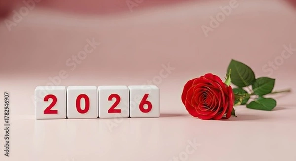 Fototapeta Upcoming year 2026 celebration with red rose on pastel background