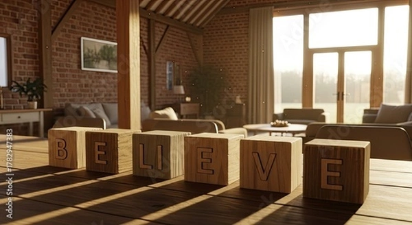 Fototapeta Wooden blocks spelling believe in a cozy and bright interior setting