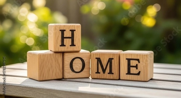 Fototapeta Wooden blocks spelling home on a wood surface in bright garden light