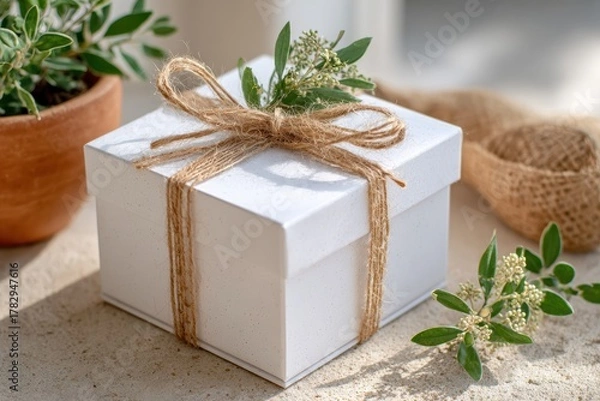Fototapeta Elegant White Gift Box Wrapped with Natural Twine and Sprig of Greenery, Perfect for Celebrations, Birthdays, or Special Occasions in Soft Natural Light Setting