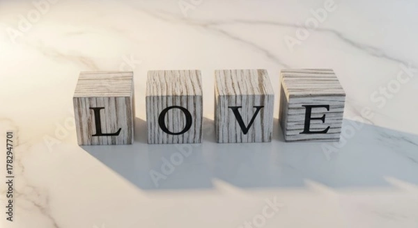 Fototapeta Wooden blocks spelling love on a marble surface for valentines day