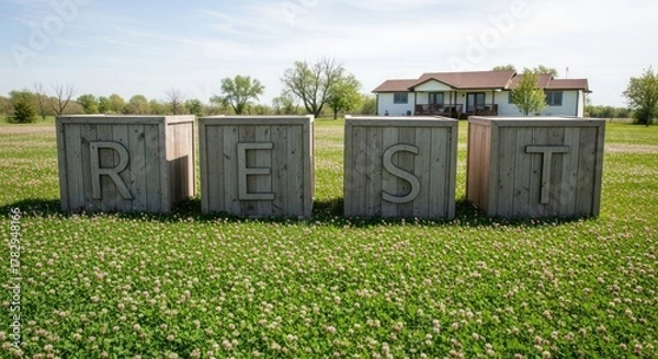 Fototapeta Wooden blocks spelling rest in a clover field on a sunny day