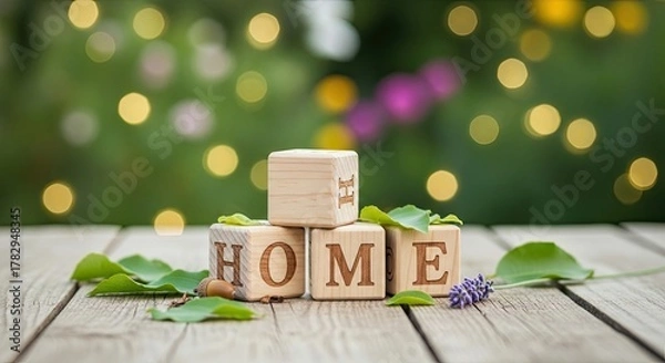 Fototapeta Wooden blocks spelling the word home with bokeh background outdoors