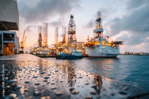 Fototapeta Evening View of Offshore Oil Rigs with Glowing Lights and Water Reflections at Dusk, Perfect for Energy and Industrial Themes in Stock Photography