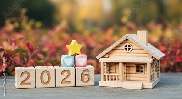 Fototapeta Wooden house model with 2026 blocks a symbol of future homeownership
